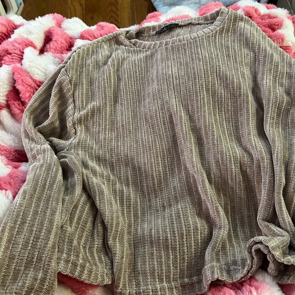 Lulu's Taupe Ribbed Long Sleeve Top